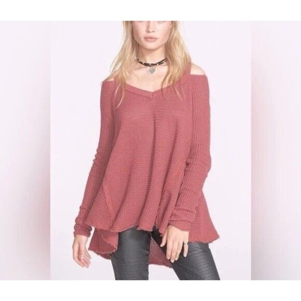 Free People Moonshine Top Womens M Dark Rose V-Neck Cold Shoulder Oversize Flowy